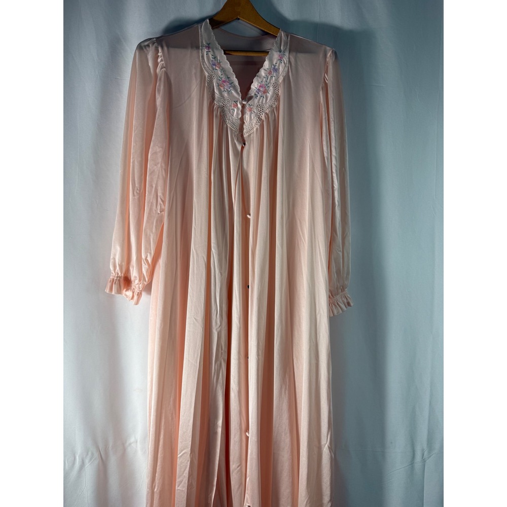 Vintage Lorraine Peach Pink Embroidered Lace Robe and Nightgown Peignoir Set L